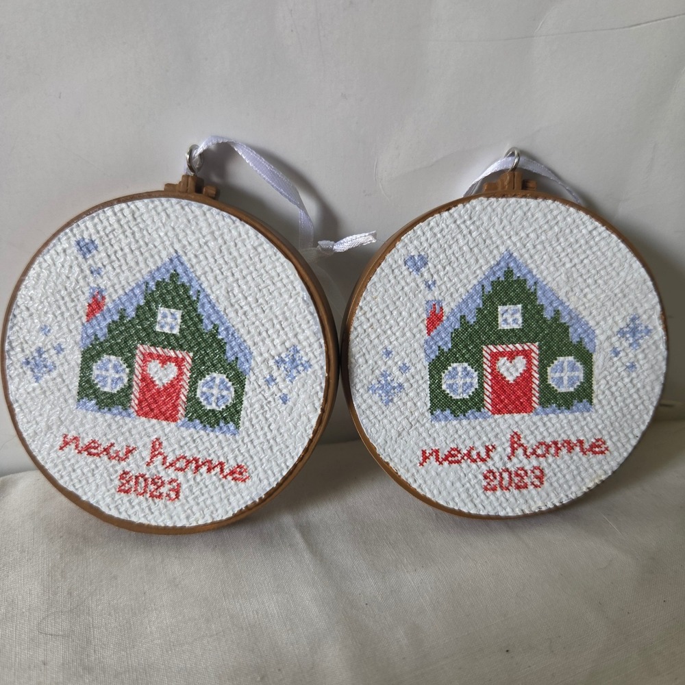 Set of 2 New Home 2023 Cross Stitch Christmas Ornaments Embroidery Hoop Handmade